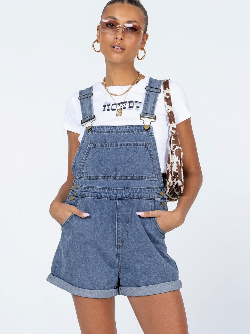 Princess Polly Kacey Denim Short Overalls in Blue Denim